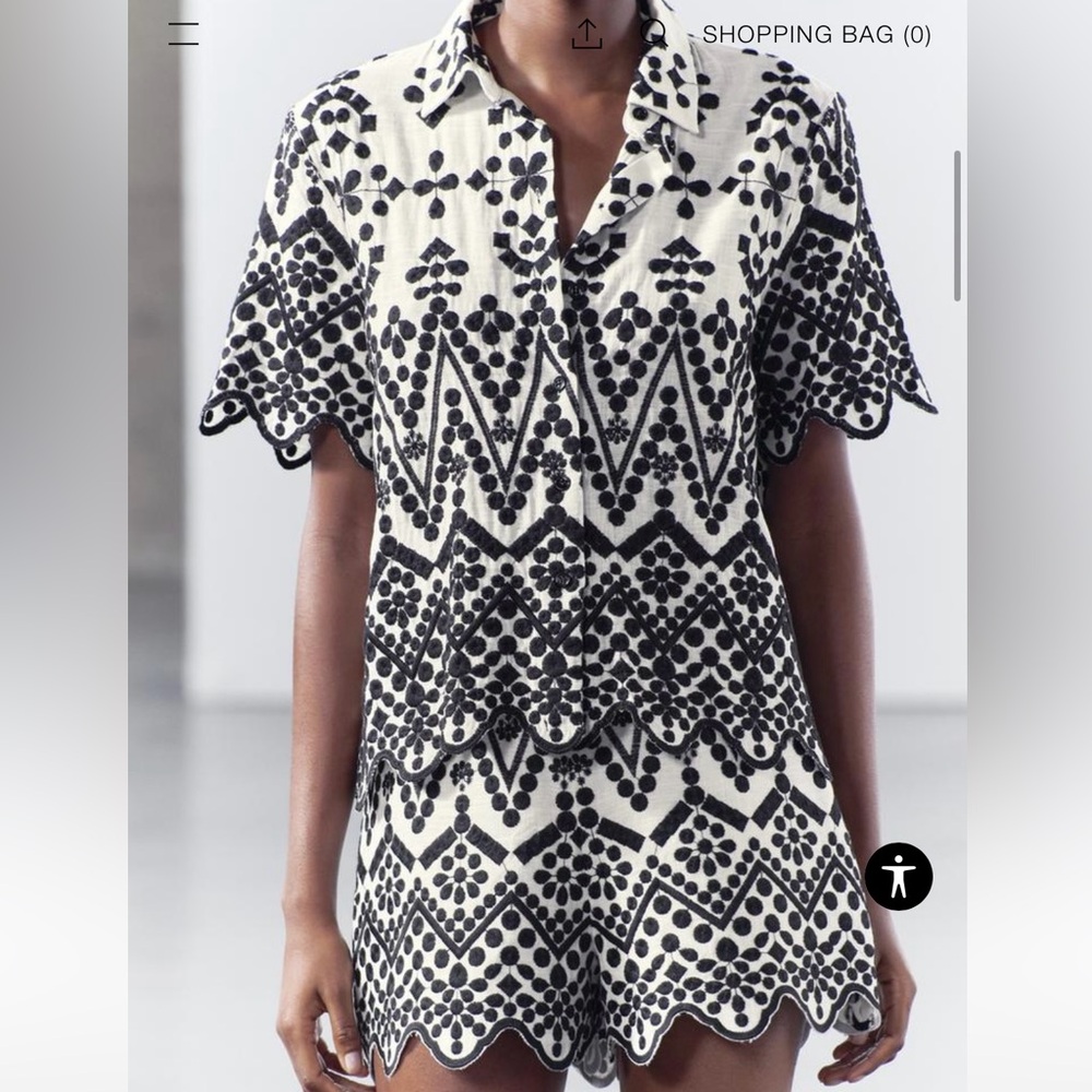 Zara Contrast Embroidered Shirt & Shorts ZW collection (Set) Black & White